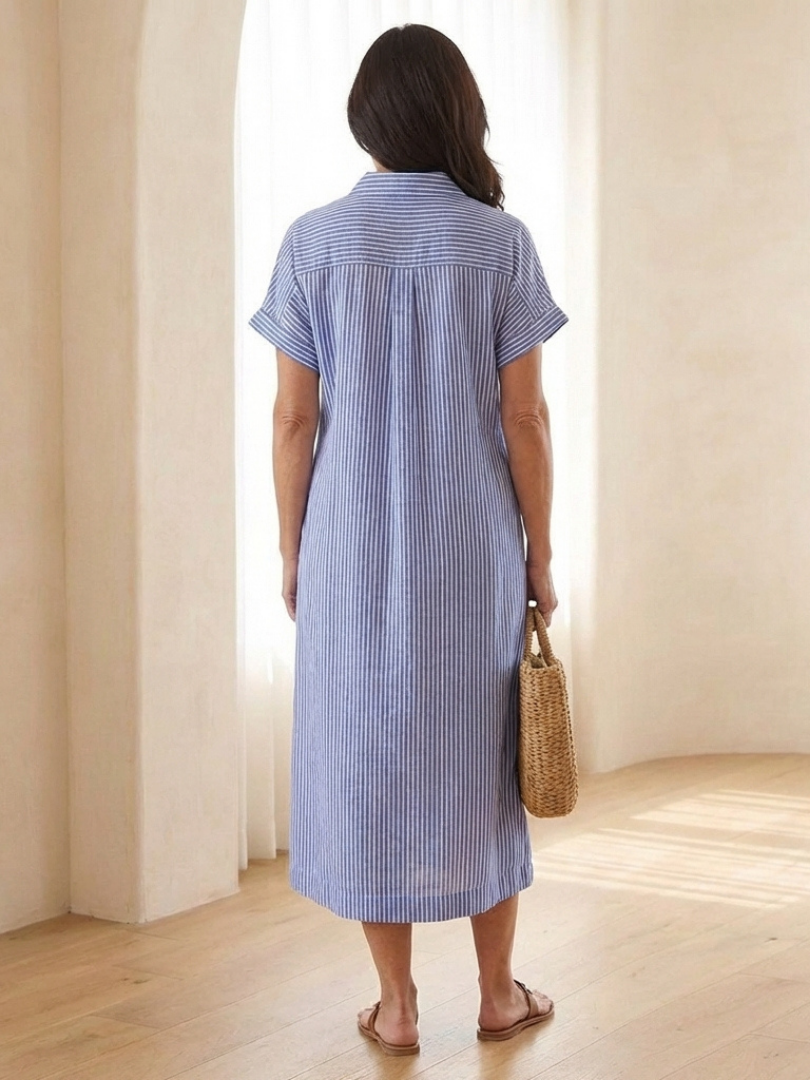Margo & Main – Linnea Sky Blue striped linen shirt dress, back view, US women’s sizes