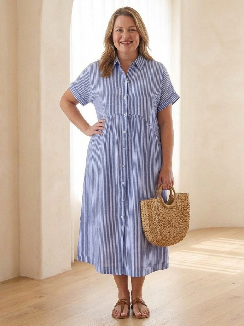 Margo & Main – Linnea Sky Blue striped linen shirt dress, full-length front view, US women’s sizes