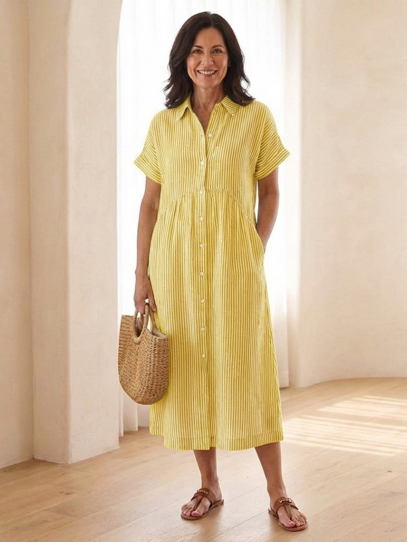 Margo & Main – Linnea Yellow striped linen shirt dress, front view, US women’s sizes