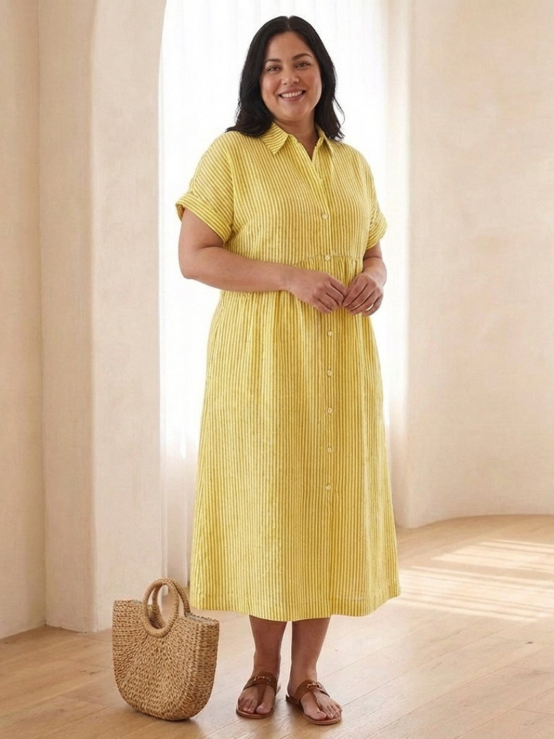 Margo & Main – Linnea Yellow striped linen shirt dress, full-length front view, US women’s sizes