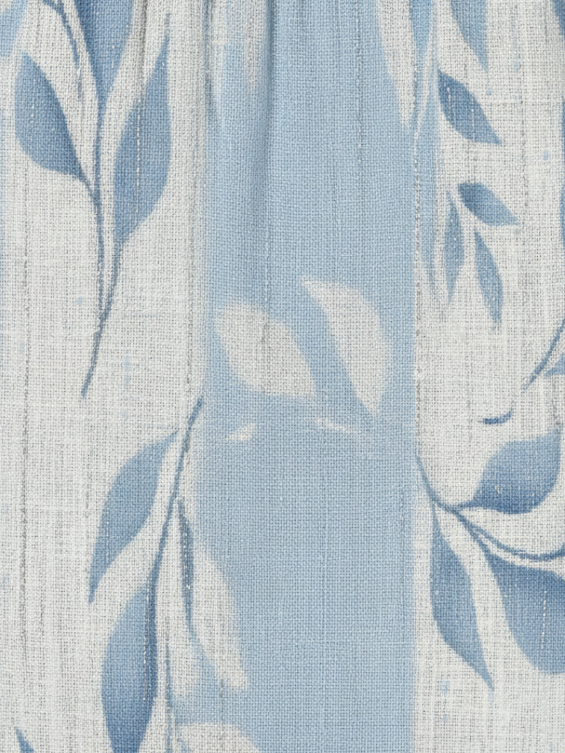 Margo & Main – Solene blue leaf print sleeveless midi dress, close-up of the print, US women's sizes