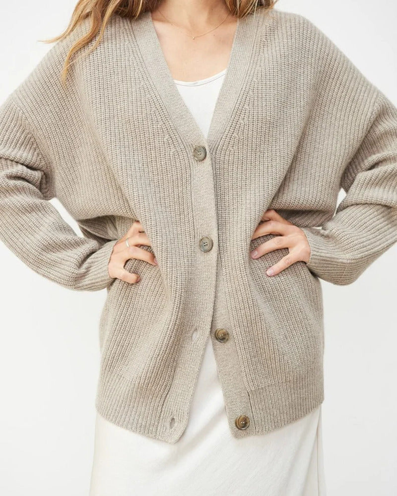 Margo & Main – beige ribbed V-neck cardigan buttoned with a white skirt, US women's sizes