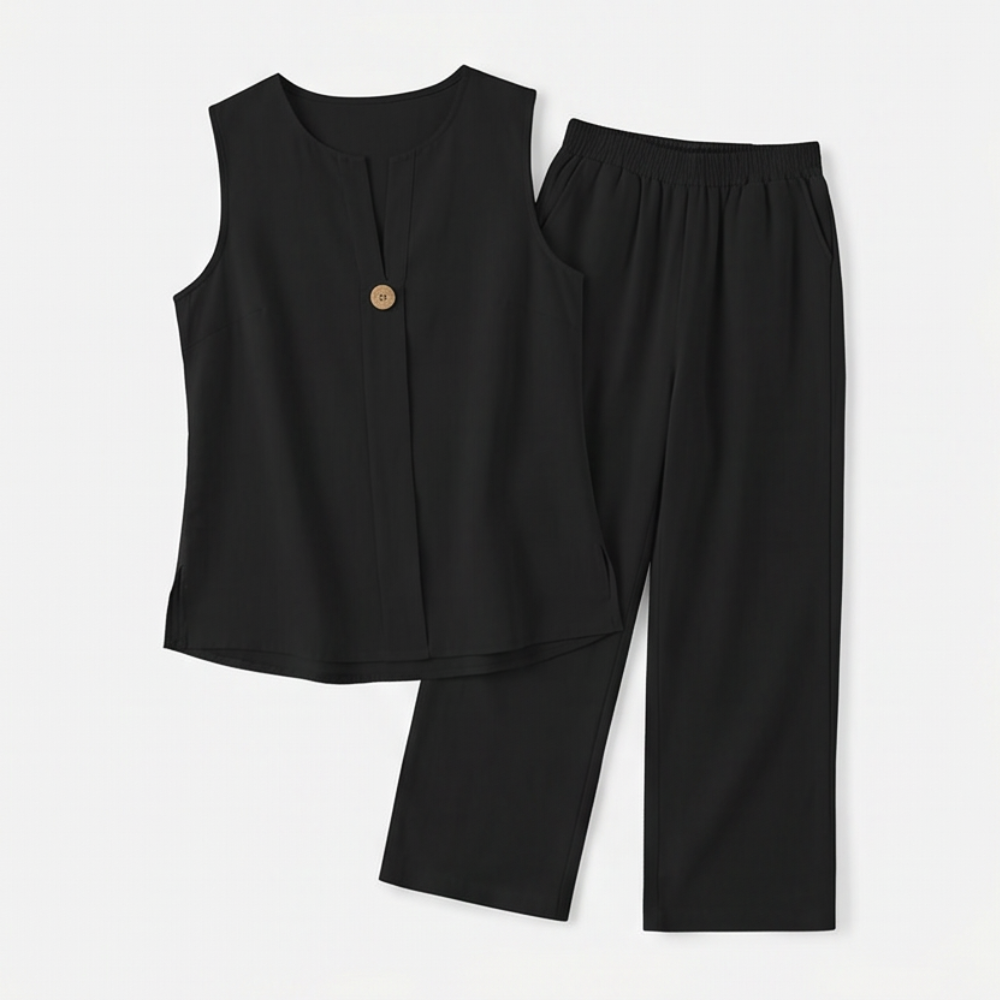 Margo & Main – Lunavia black sleeveless top and wide-leg pants flat lay, US women's sizes