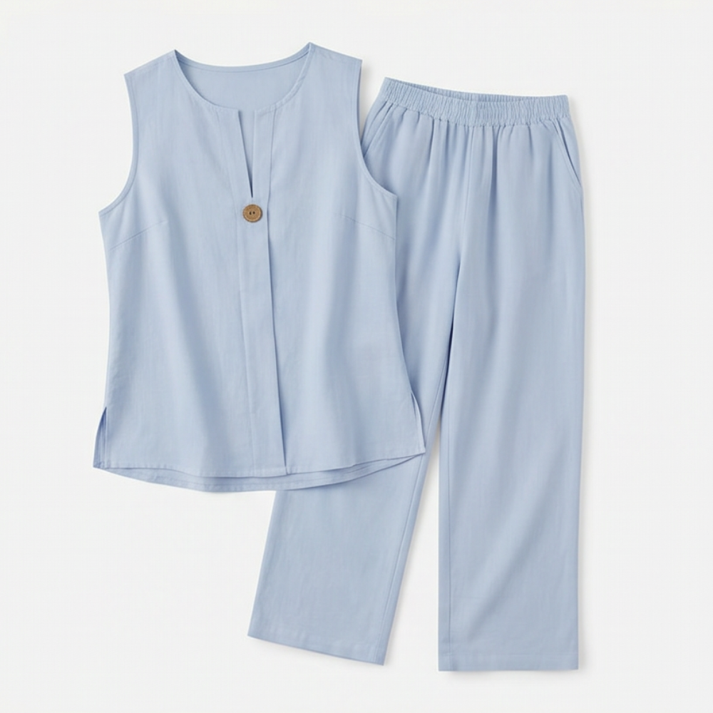 Margo & Main – Lunavia sky blue sleeveless top and wide-leg pants flat lay, US women's sizes