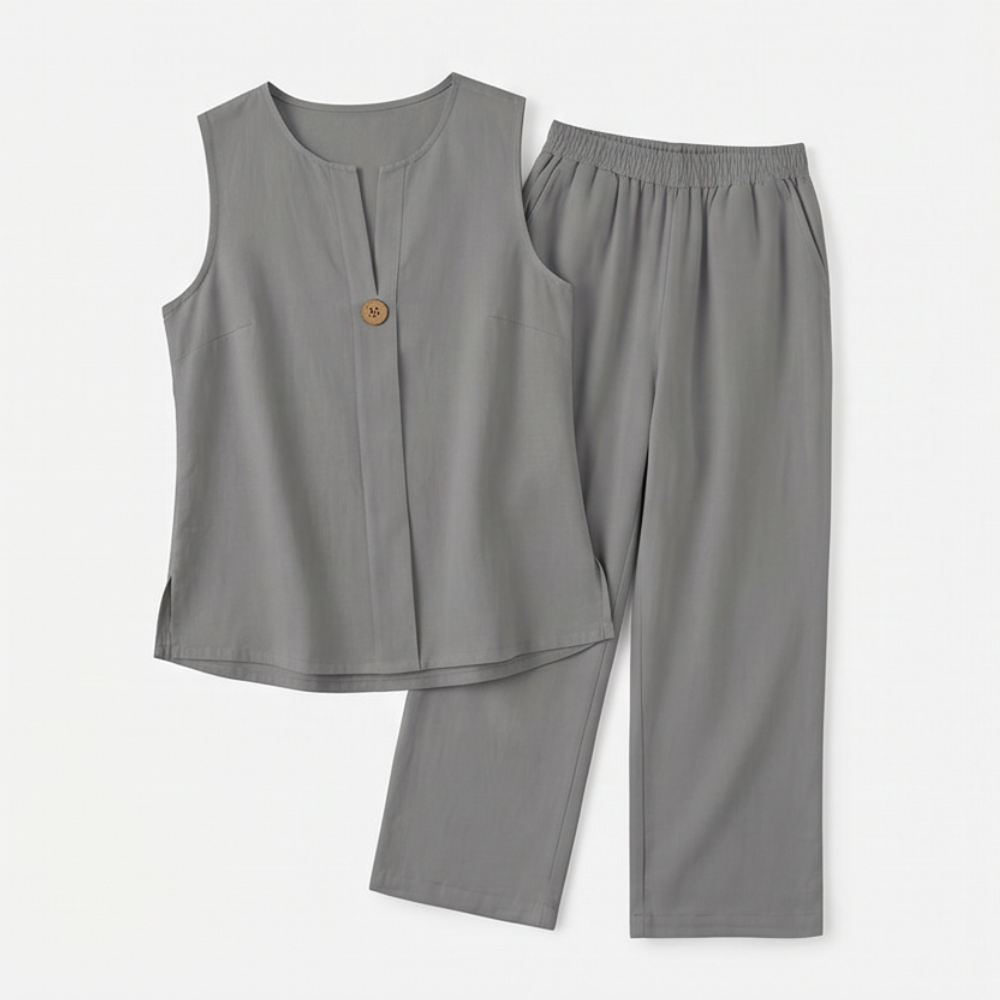 Margo & Main – Lunavia gray sleeveless top and wide-leg pants flat lay, US women's sizes