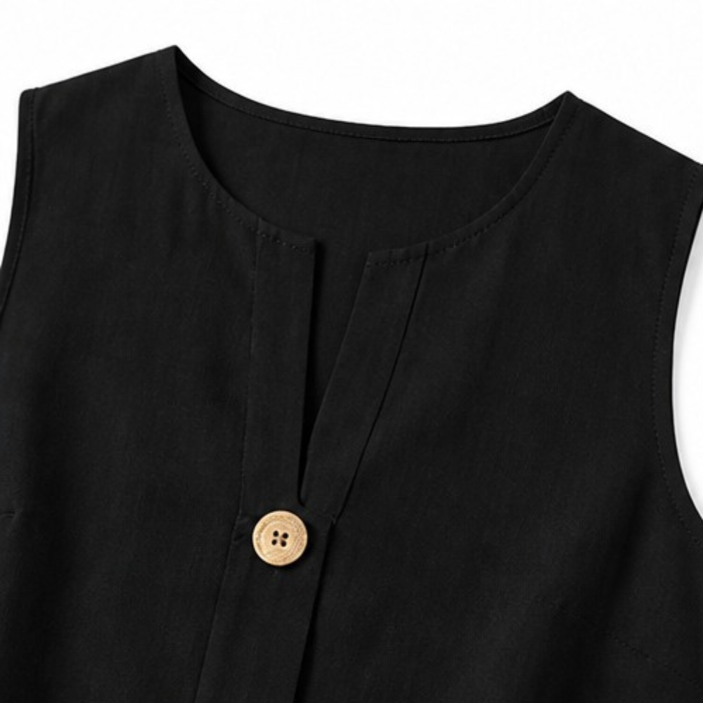 Margo & Main – Lunavia black sleeveless top flat lay, neckline and button, US women's sizes