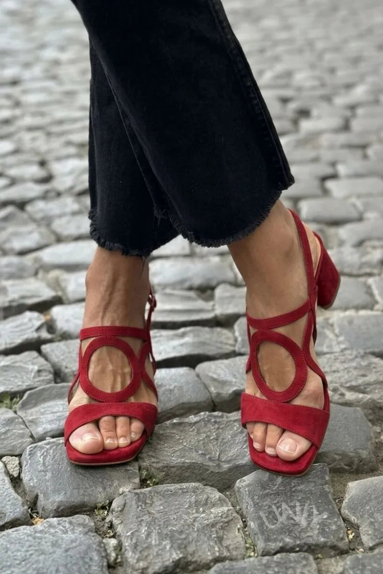 Margo & Main - red suede ring-cutout block heel sandals front view, US women's sizes
