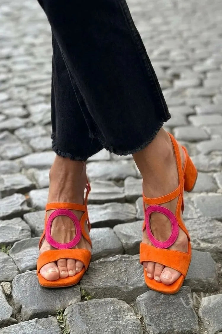 Margo & Main - orange and pink ring-cutout block heel sandals on cobbles, US women's sizes