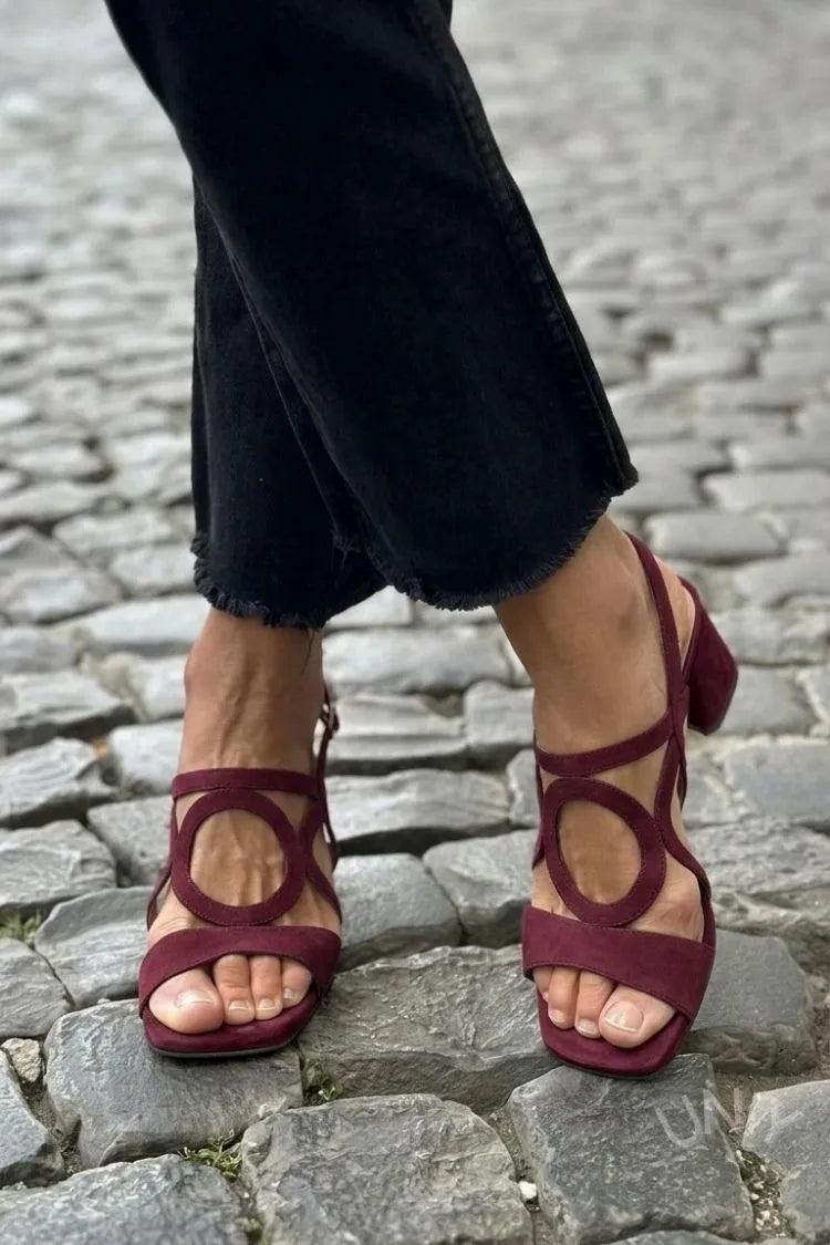 Margo & Main - yellow suede ring-cutout block heel sandals worn outdoors, US women's sizes