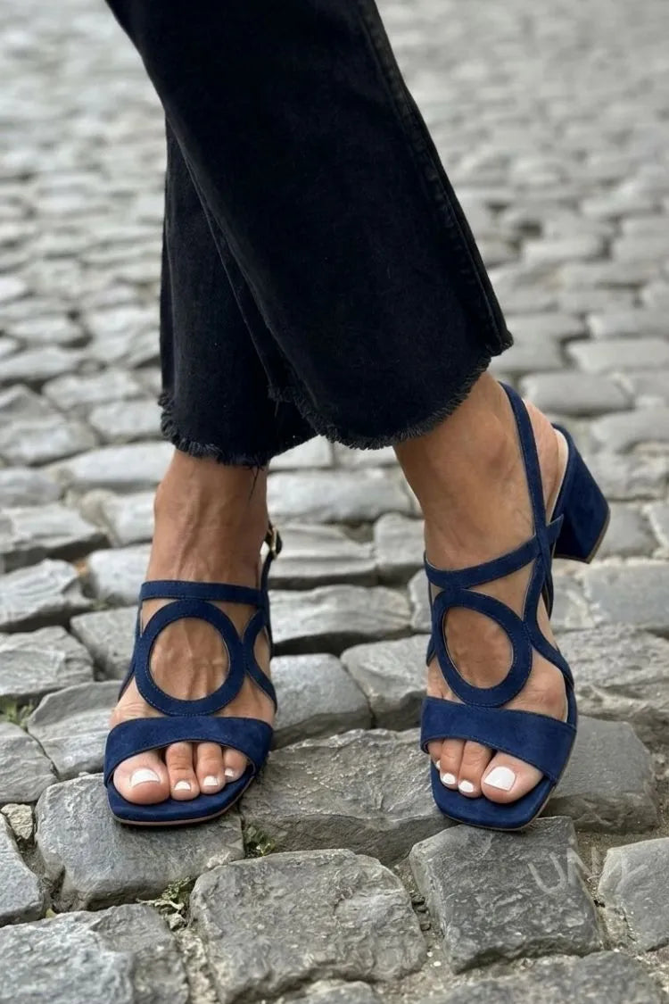 Margo & Main - magenta suede ring-cutout block heel sandals angled view, US women's sizes