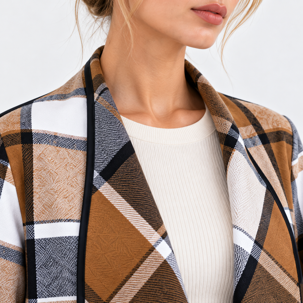 Trudy Plaid Drape Collar Open Front Jacket