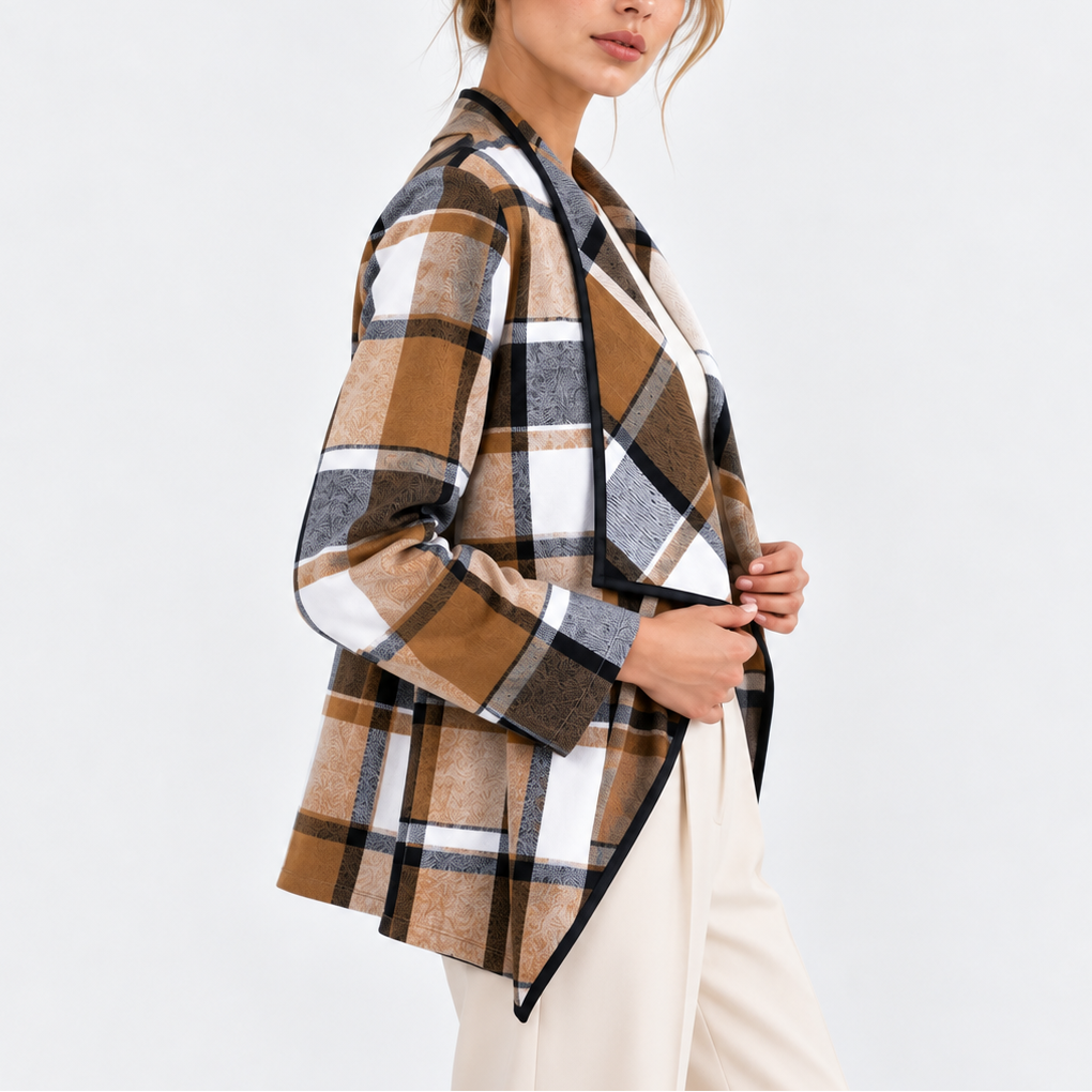 Trudy Plaid Drape Collar Open Front Jacket