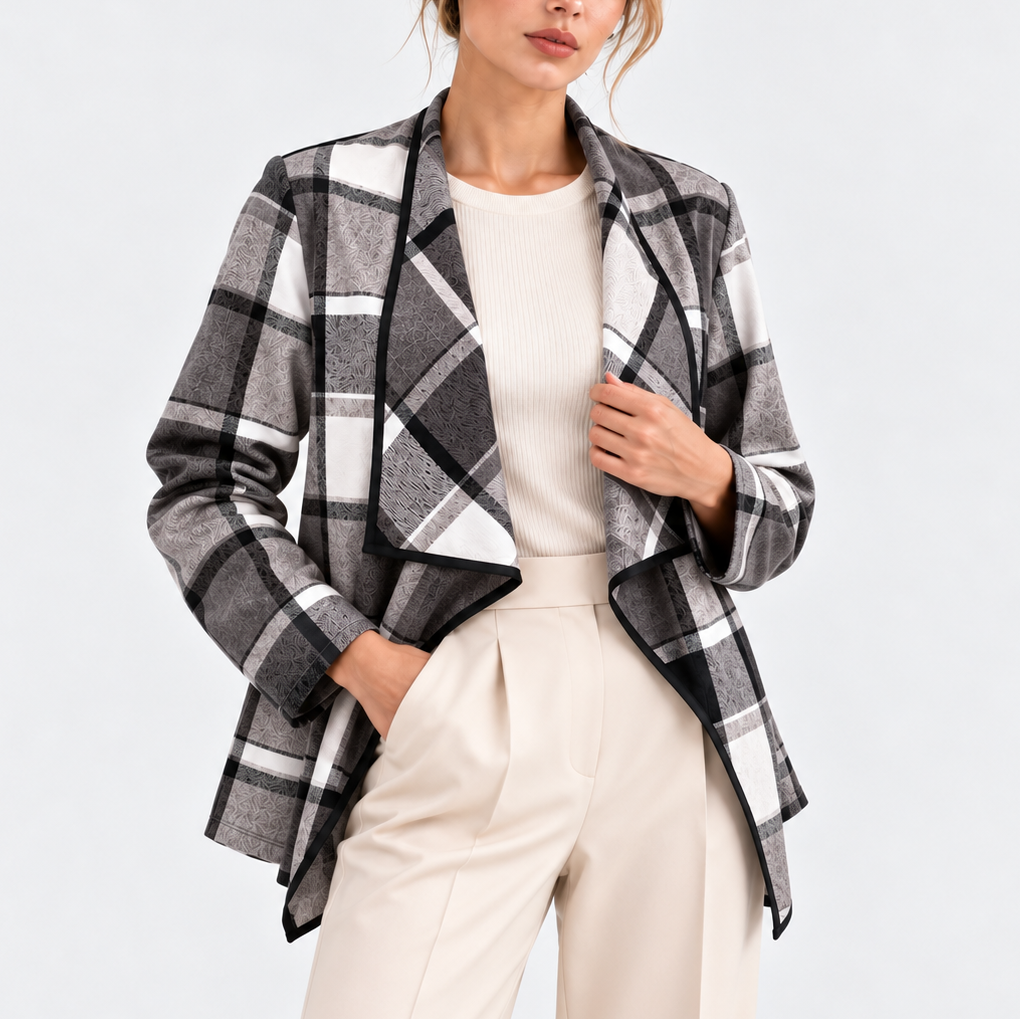 Trudy Plaid Drape Collar Open Front Jacket