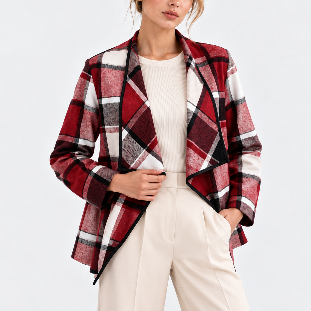 Trudy Plaid Drape Collar Open Front Jacket