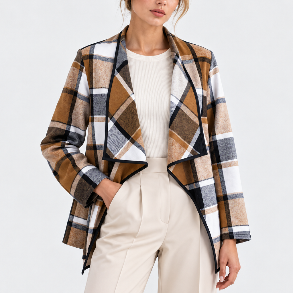 Trudy Plaid Drape Collar Open Front Jacket