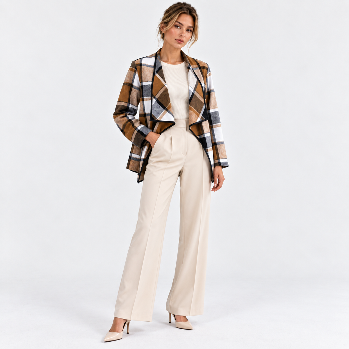 Trudy Plaid Drape Collar Open Front Jacket