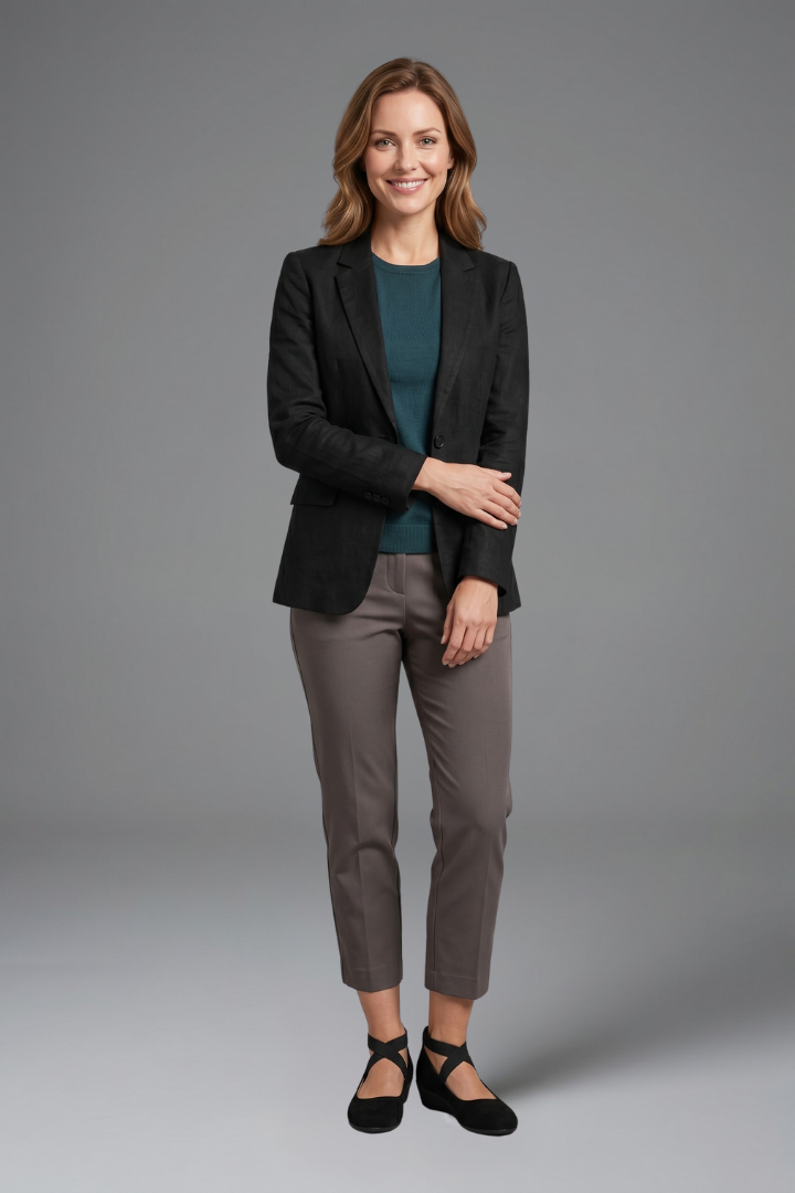 Margo & Main – Black cross-strap comfort flats styled with trousers and blazer, US women's sizes