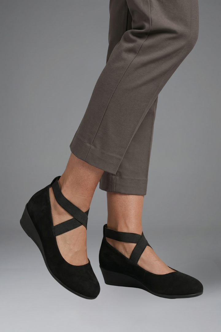 Margo & Main – Black suede cross-strap flats, side view of the low wedge, US women's sizes