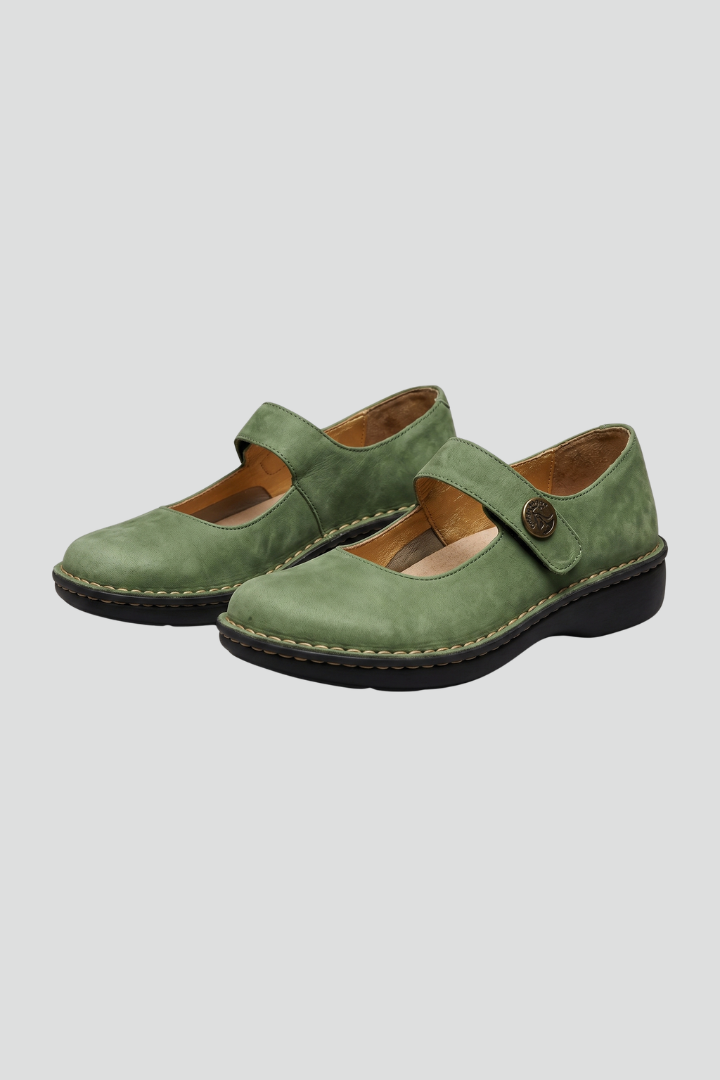 Margo & Main – Green nubuck Mary Jane flats with buckle strap, pair view, US women's sizes