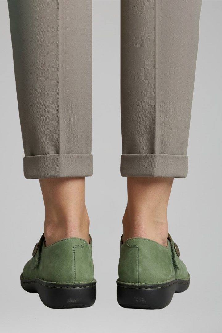 Margo & Main – Green nubuck Mary Jane flats seen from the back, worn, US women's sizes