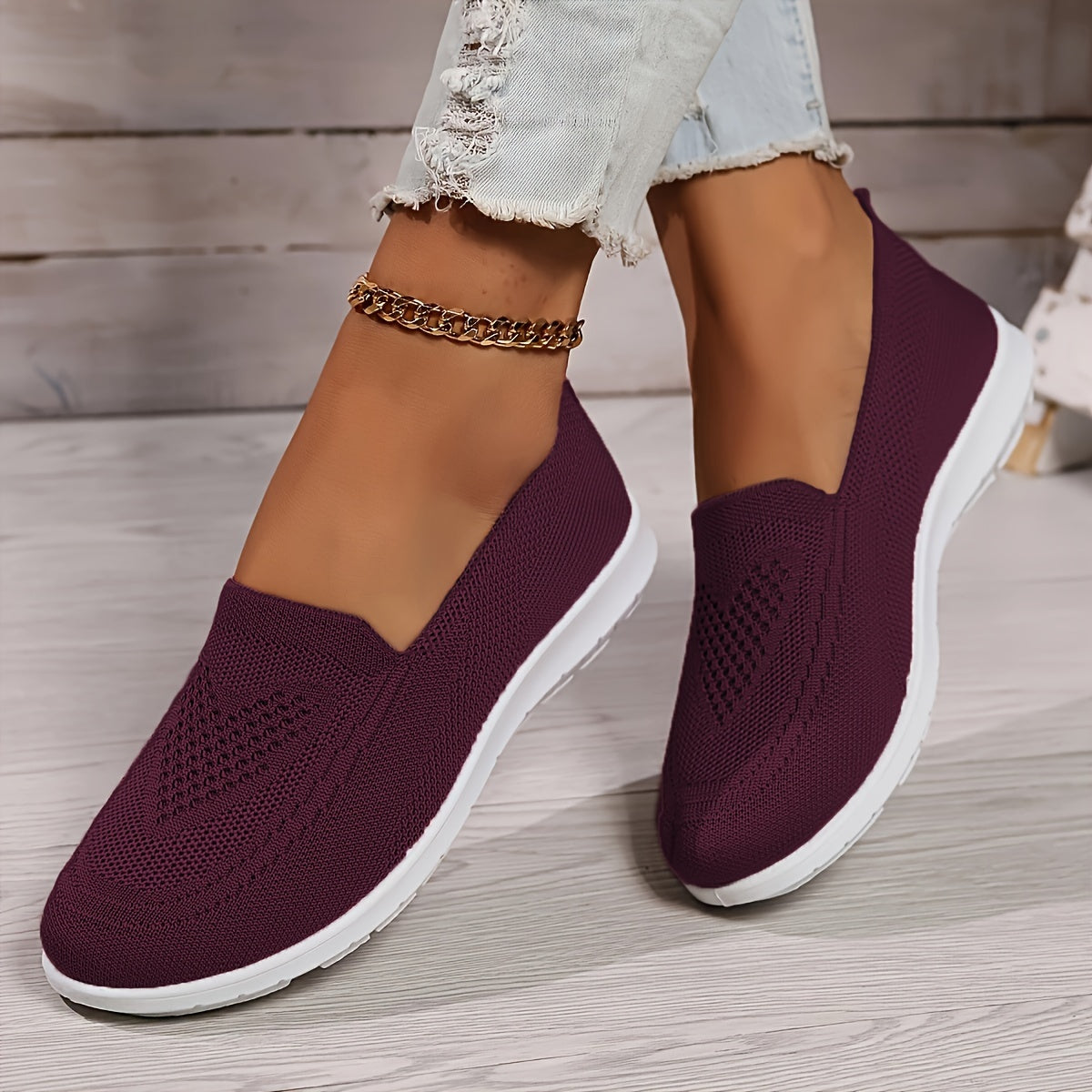 Margo & Main – breathable knit slip-on walking shoes, styled view, US women's sizes