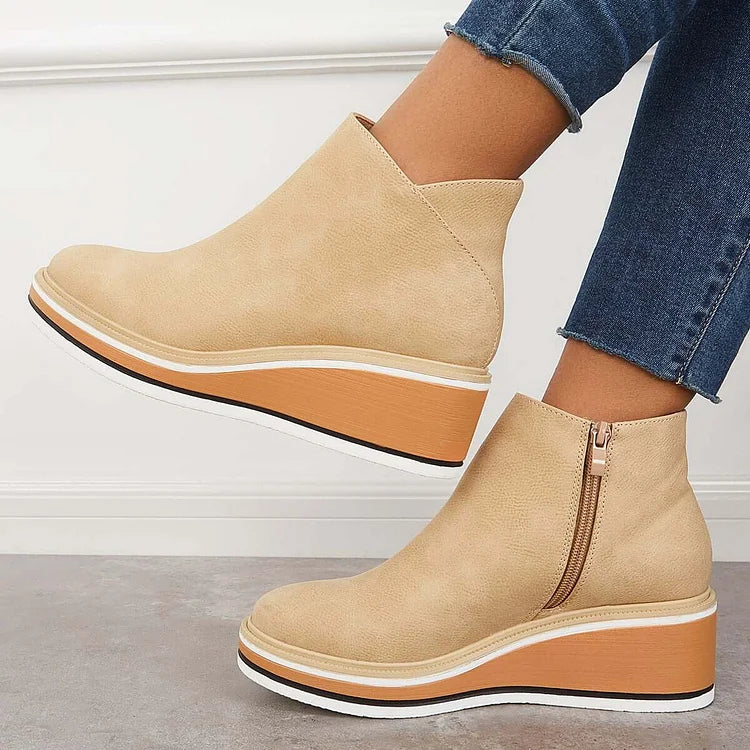 Margo & Main – Beige wedge platform ankle boots, angled toe and sole view, US women's sizes