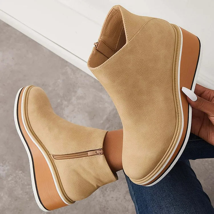 Margo & Main – Beige wedge platform ankle boots held in hand, side zip, US women's sizes