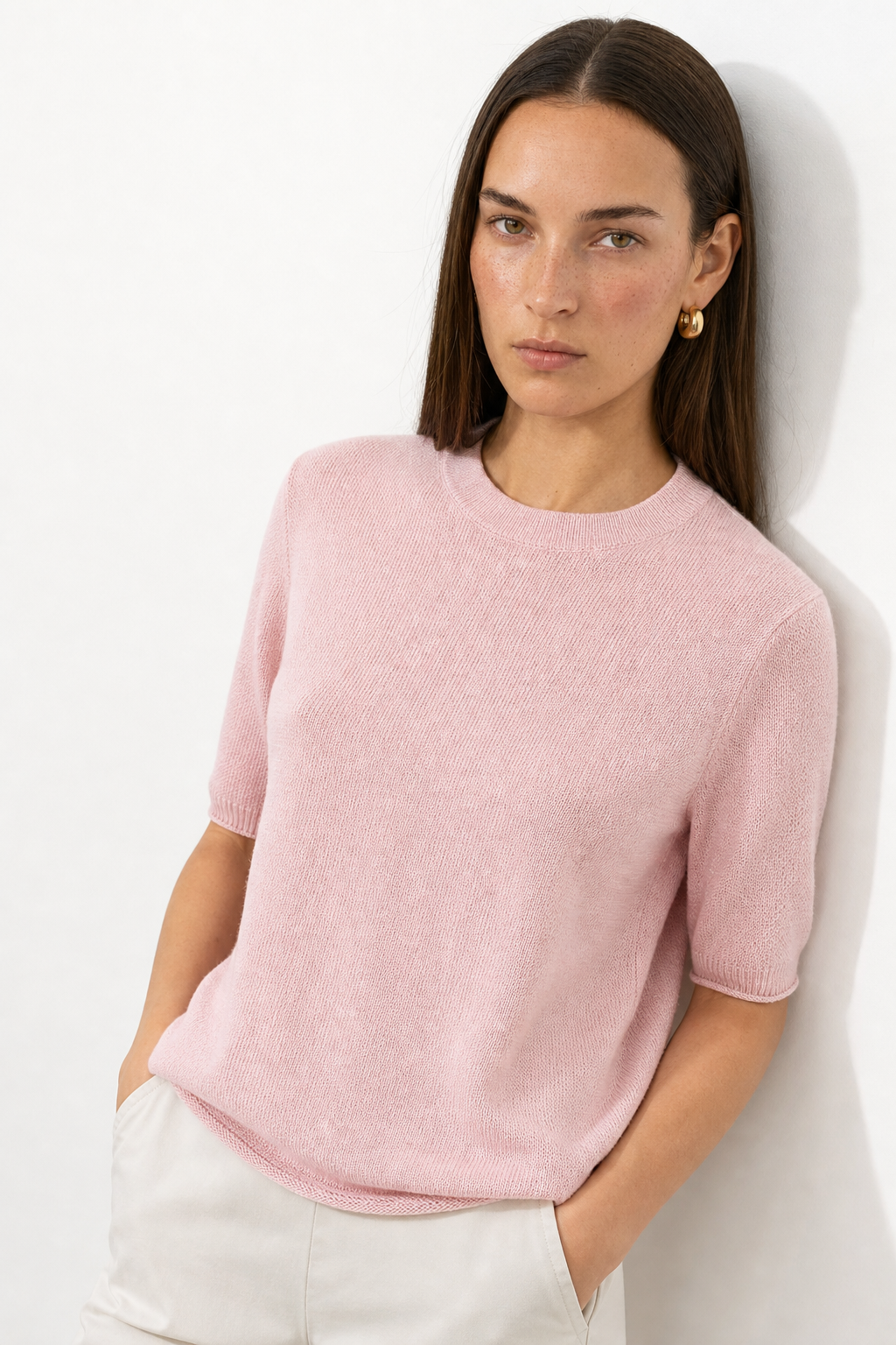 Margo & Main – pink crew neck sweater full front view on the model, US women's sizes