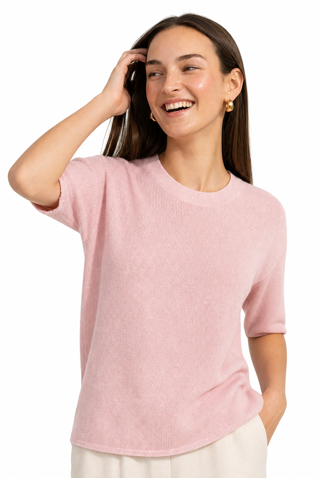 Margo & Main – pink crew neck sweater worn in an everyday outfit, US women's sizes
