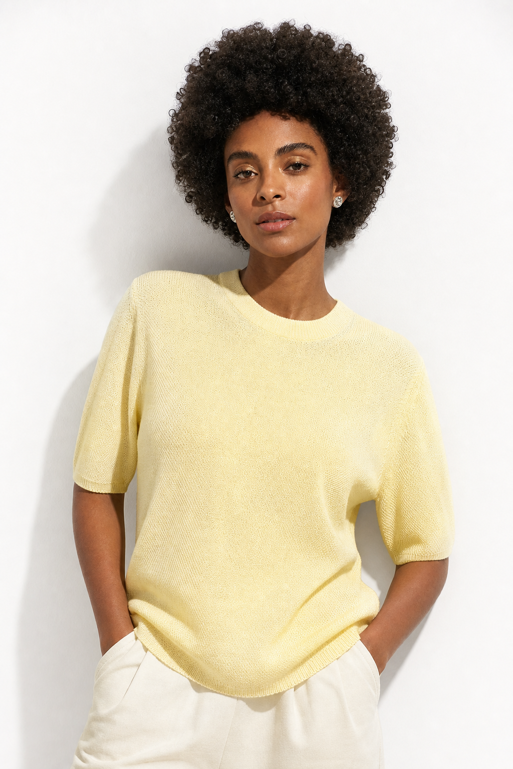 Margo & Main – yellow crew neck sweater full front view on the model, US women's sizes