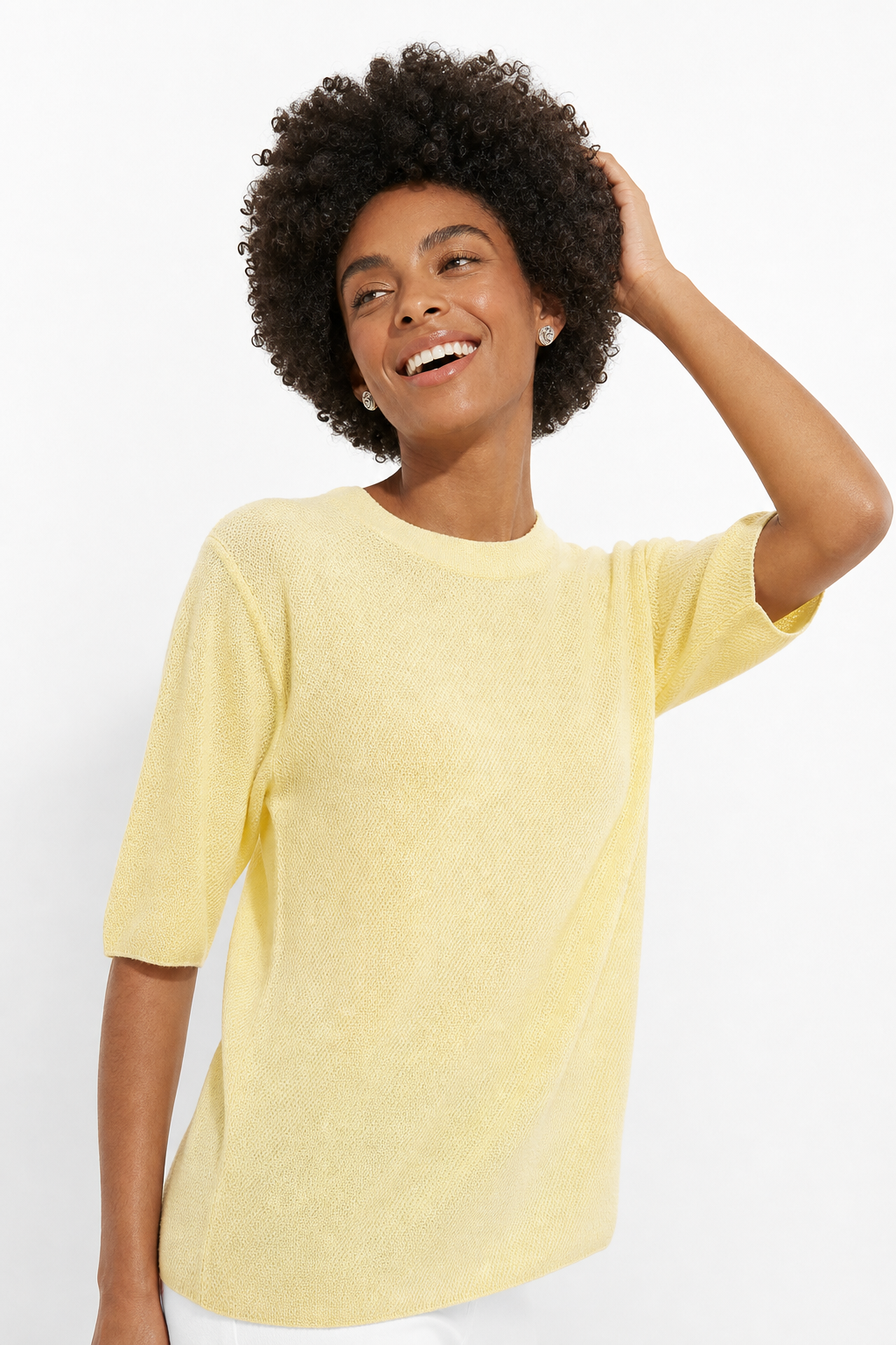 Margo & Main – yellow crew neck sweater worn in an everyday outfit, US women's sizes