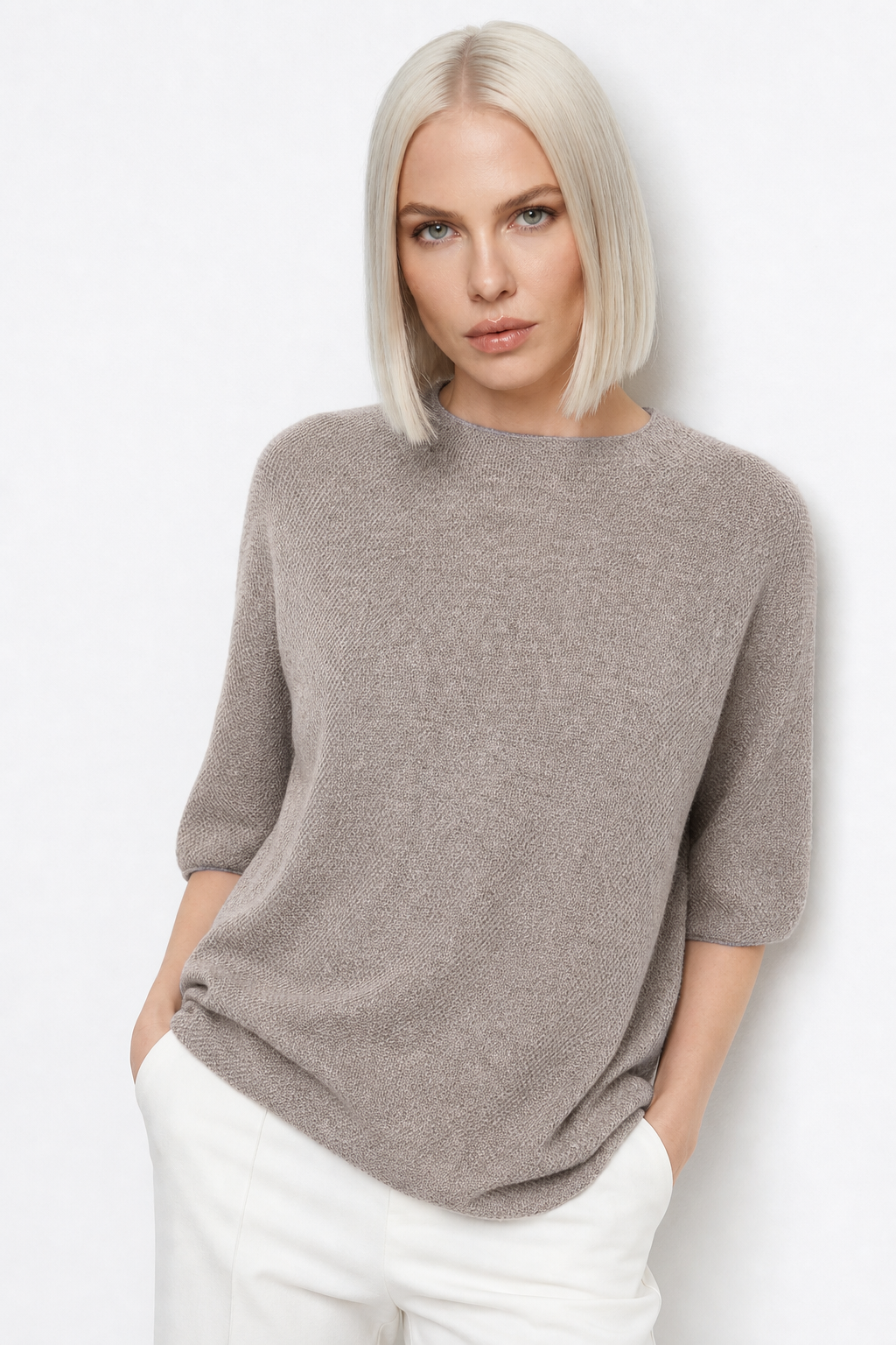 Margo & Main – tan crew neck sweater full front view on the model, US women's sizes