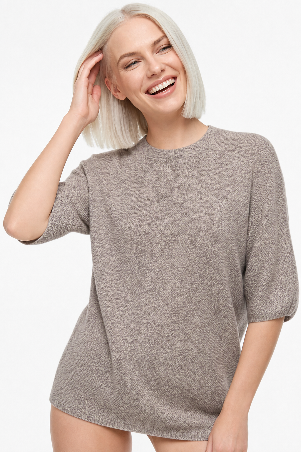 Margo & Main – tan crew neck sweater worn in an everyday outfit, US women's sizes