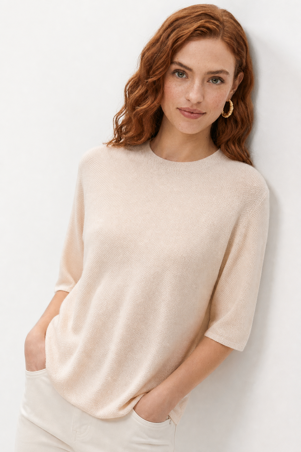 Margo & Main – cream crew neck sweater full front view on the model, US women's sizes