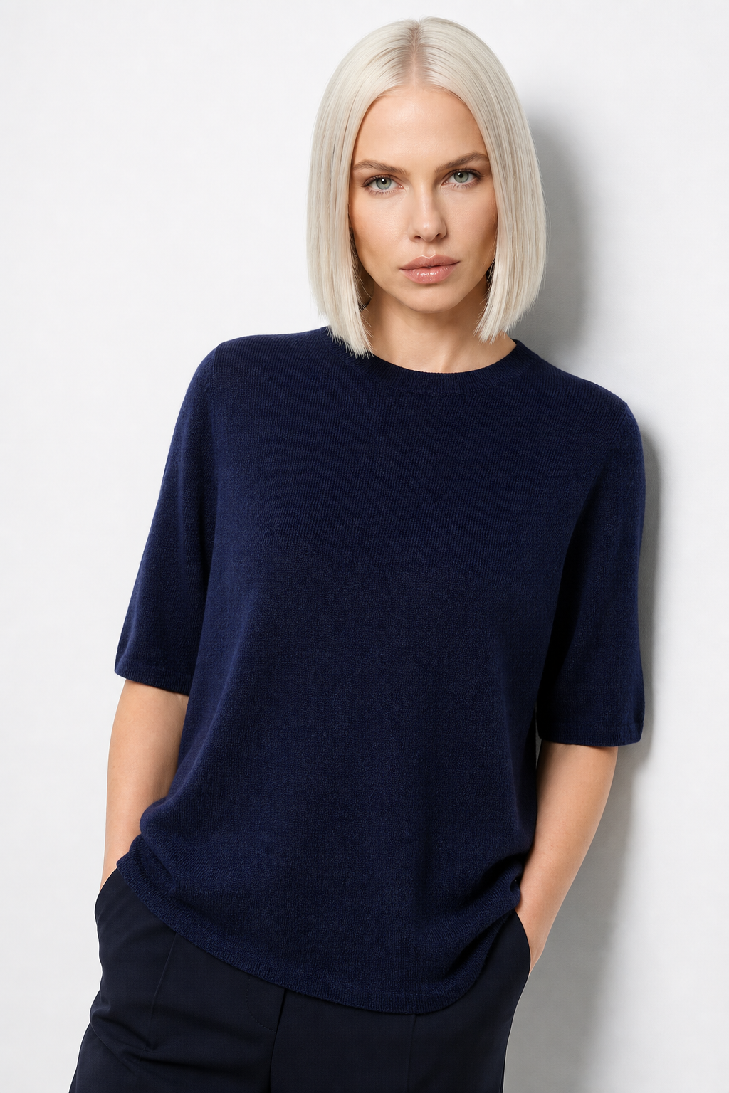 Margo & Main – navy crew neck sweater full front view on the model, US women's sizes