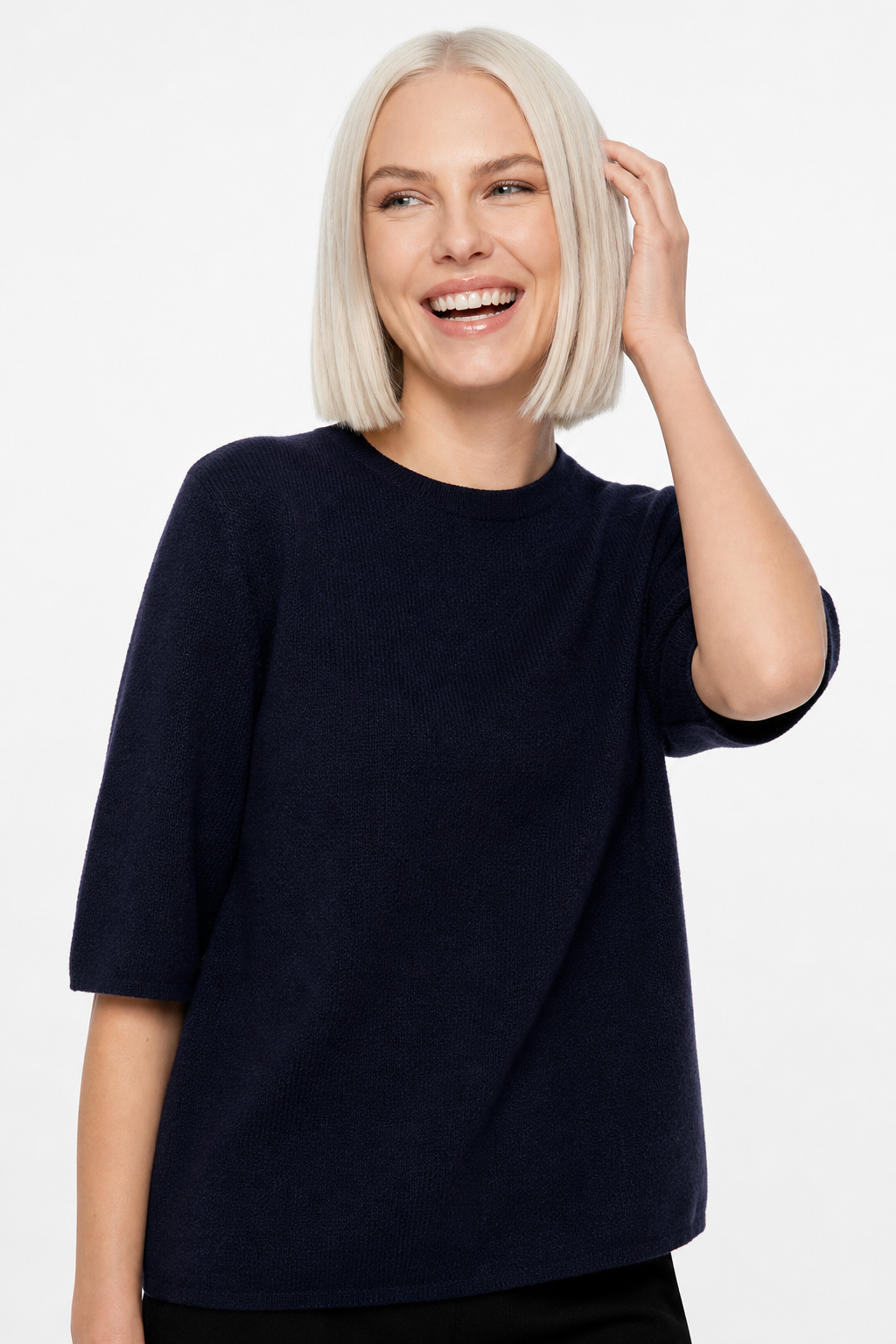 Margo & Main – navy crew neck sweater worn in an everyday outfit, US women's sizes