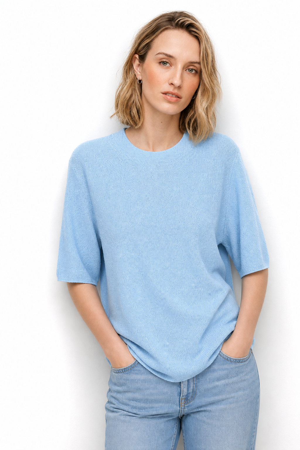 Margo & Main – light blue crew neck sweater worn in an everyday outfit, US women's sizes