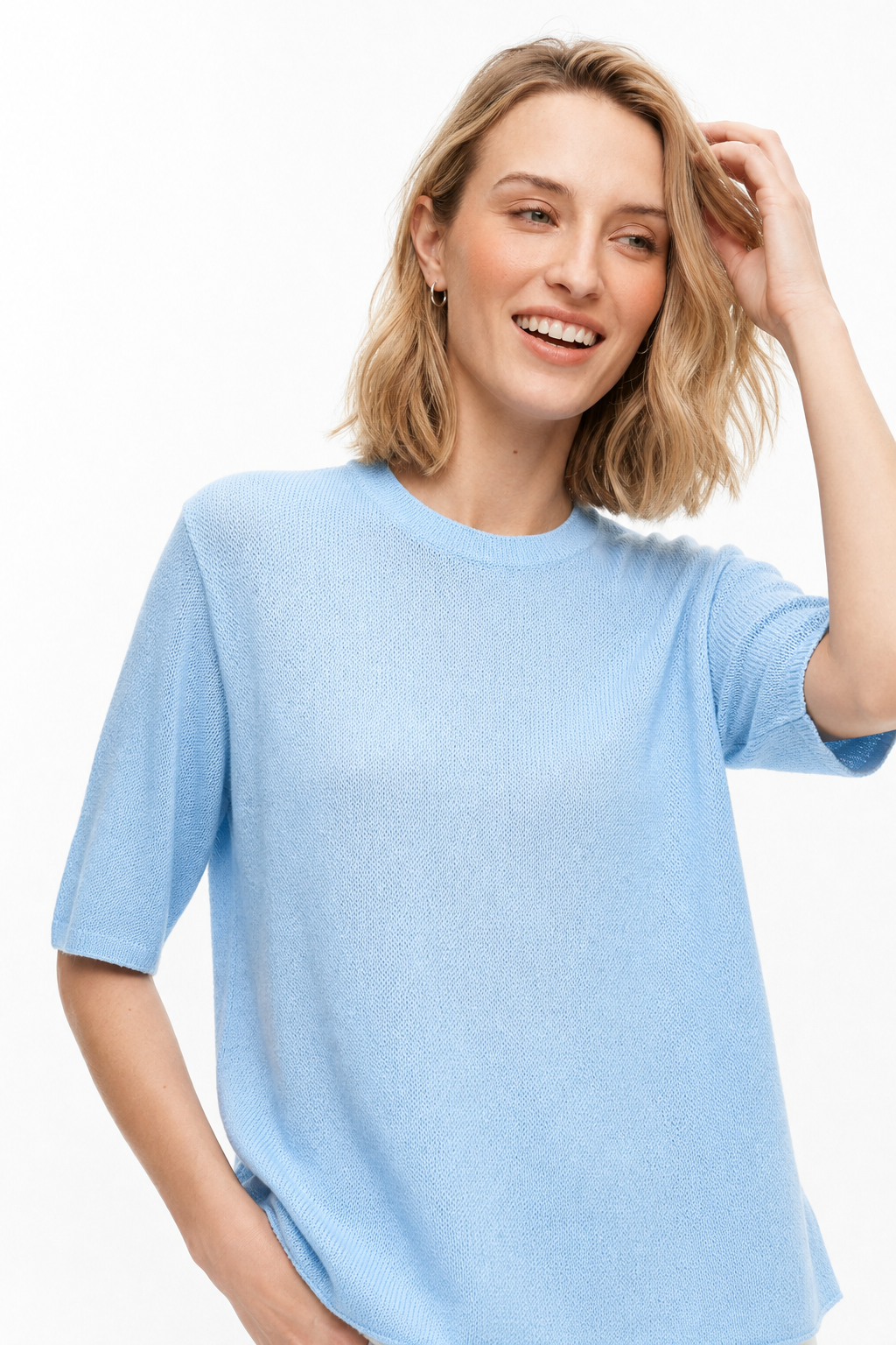 Margo & Main – light blue crew neck sweater front view on model, US women's sizes
