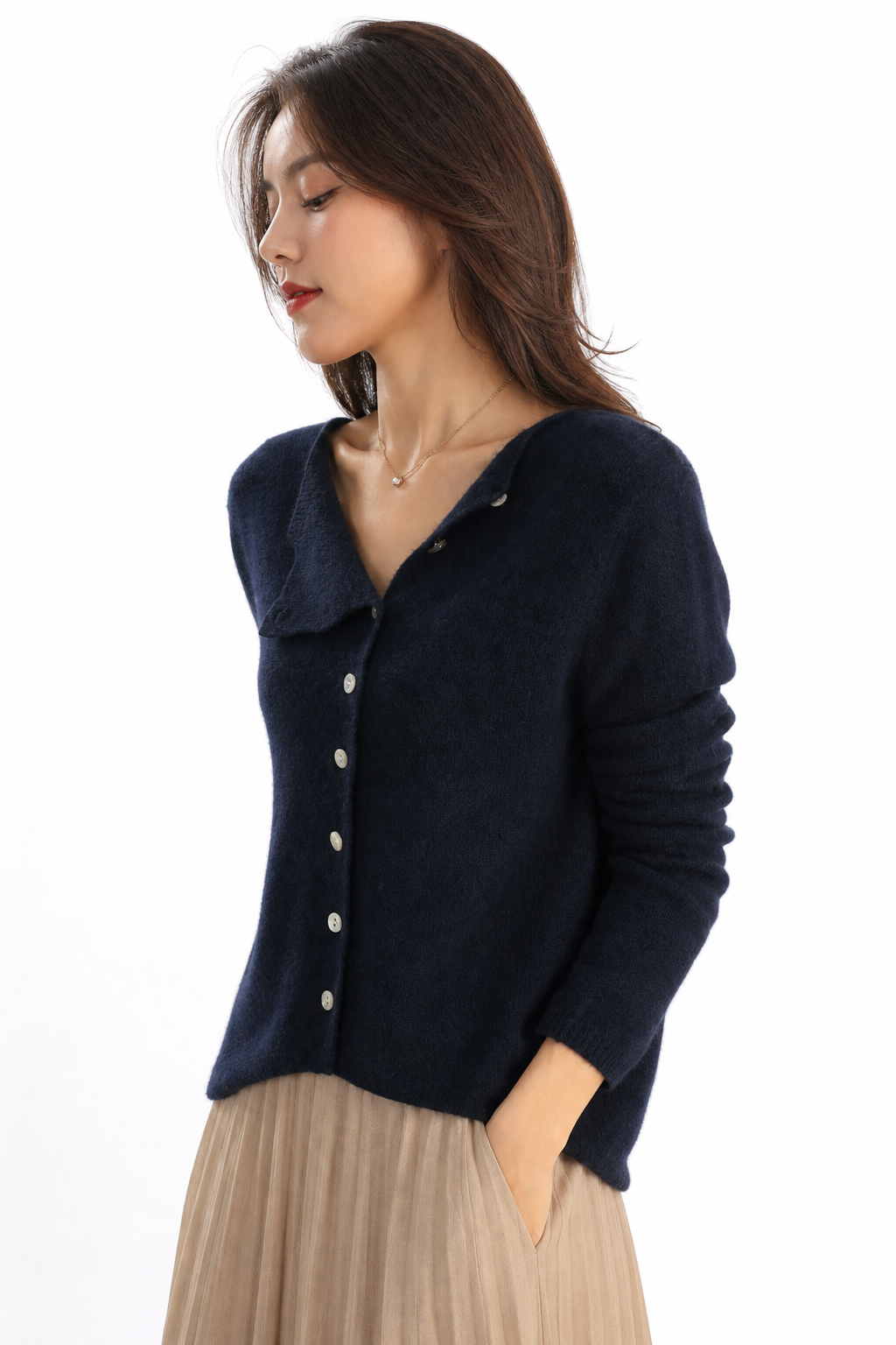 Margo & Main - navy button front knit sweater side and back view, US women's sizes
