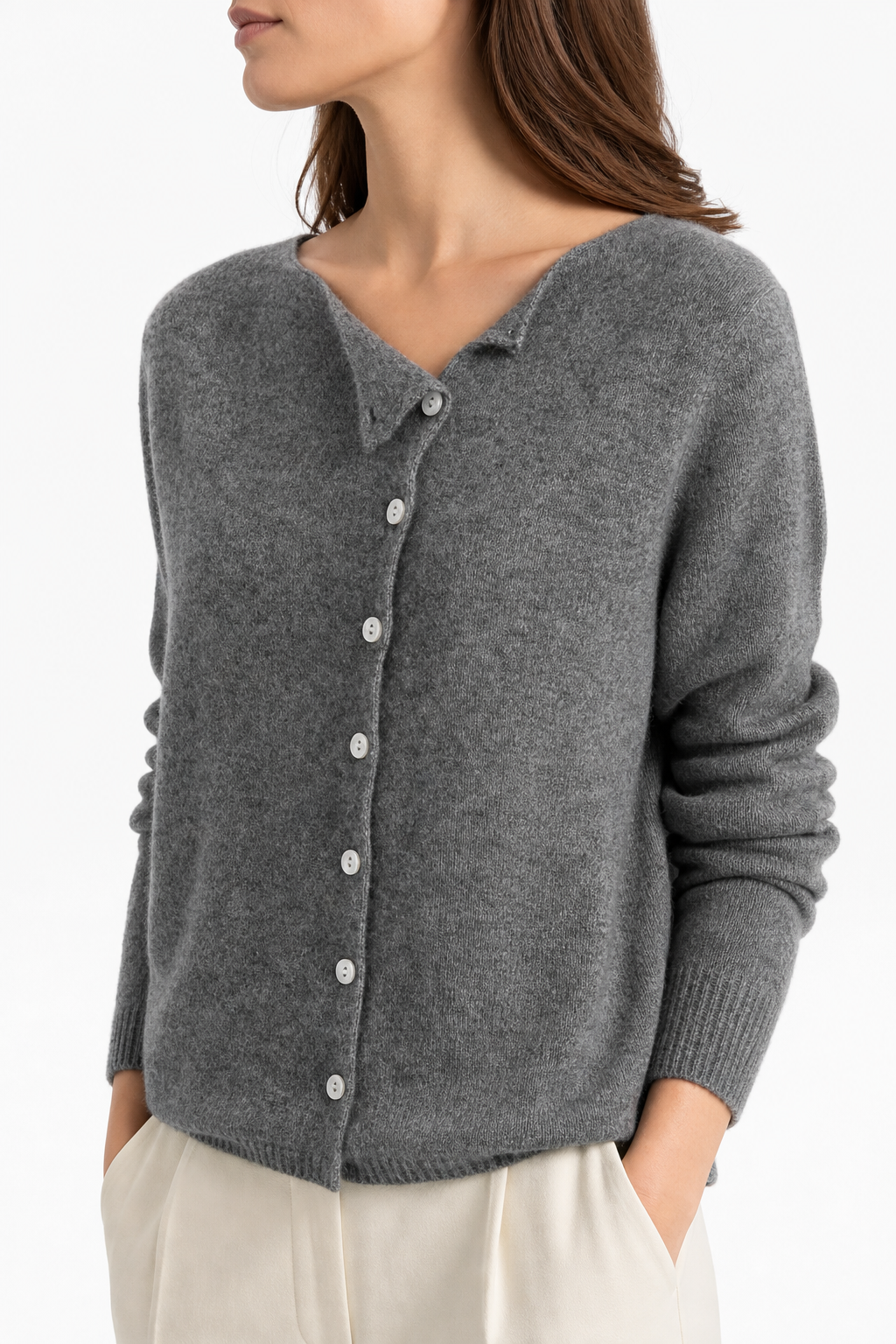 Margo & Main - gray knit sweater worn with a tailored trouser outfit, US women's sizes