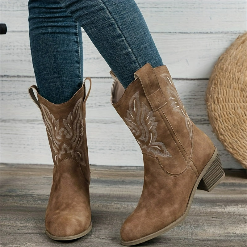 Margo & Main – camel embroidered western mid calf boots worn with skinny jeans, US women's sizes
