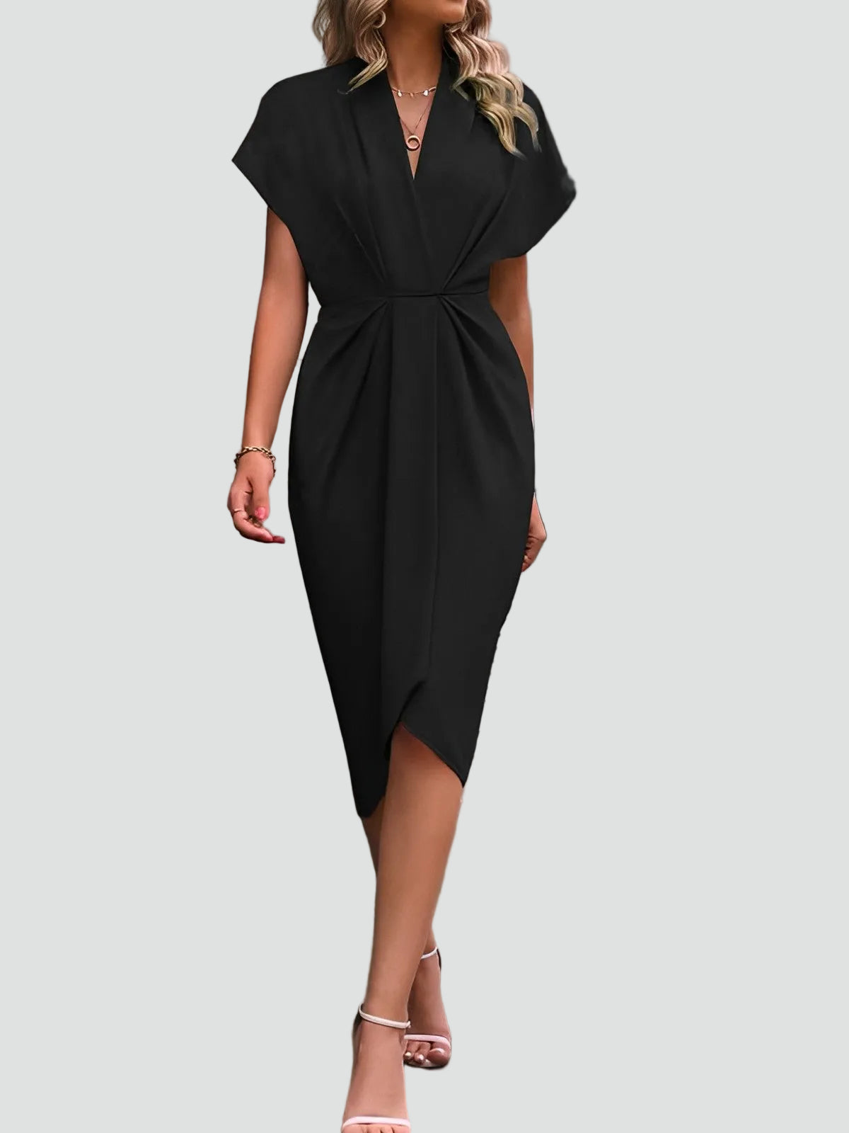 Margo & Main - black twist front wrap midi dress worn with heels, US women's sizes