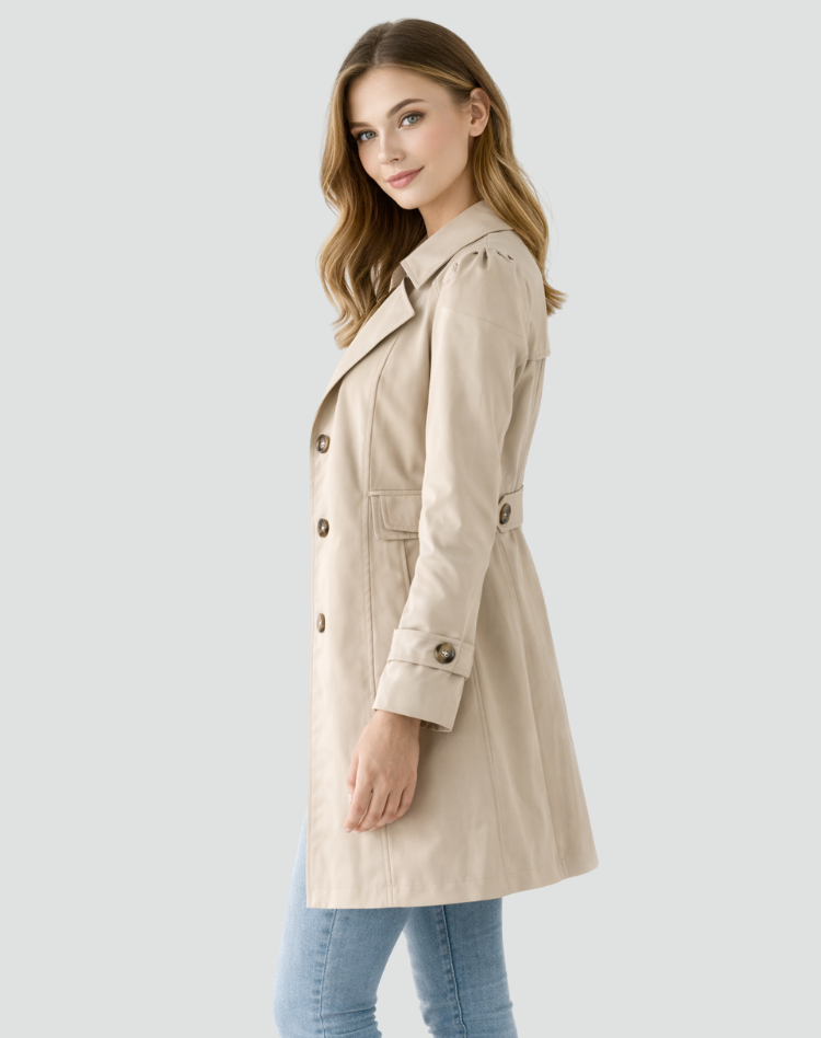 Margo & Main - tan trench coat, side view showing sleeve cuff tab, US women's sizes