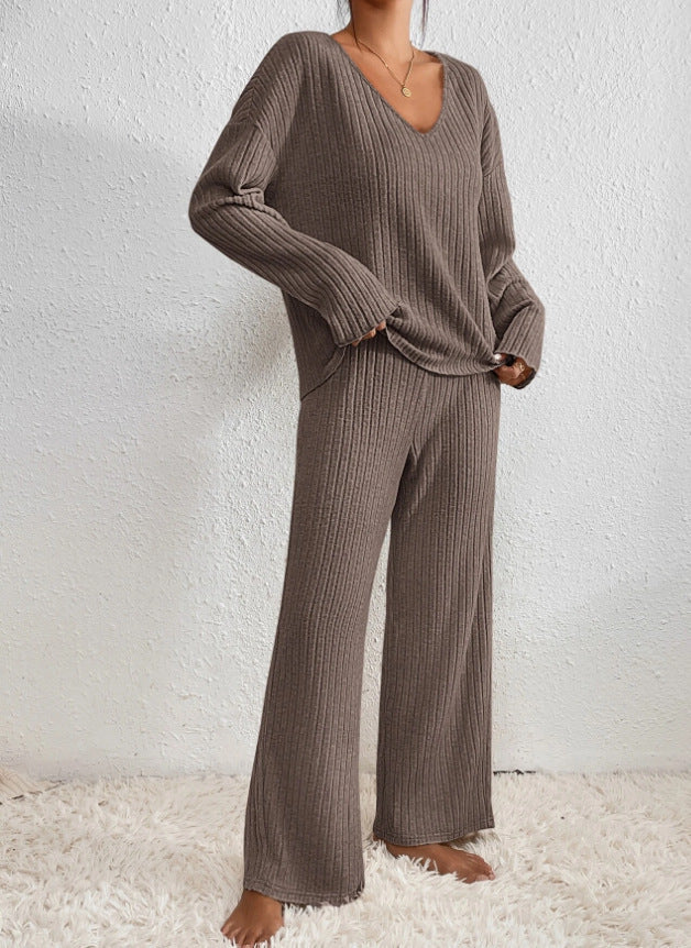 Margo & Main – light brown ribbed knit two-piece set front view standing, US women's sizes