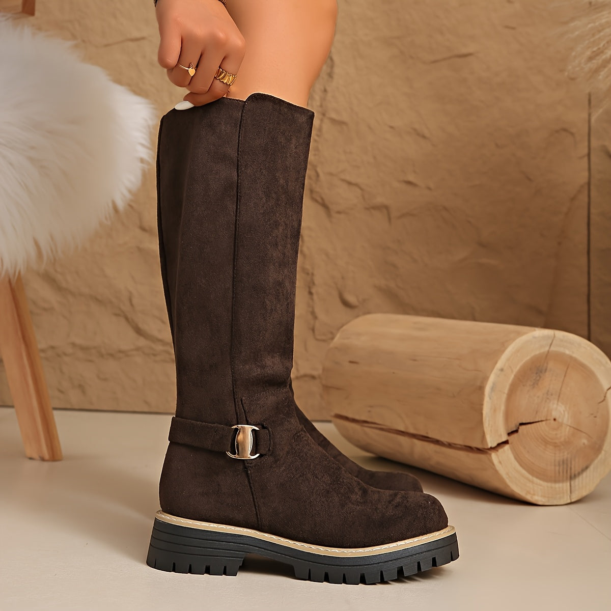 Margo & Main – brown lug sole knee high boot single boot side view, US women’s sizes