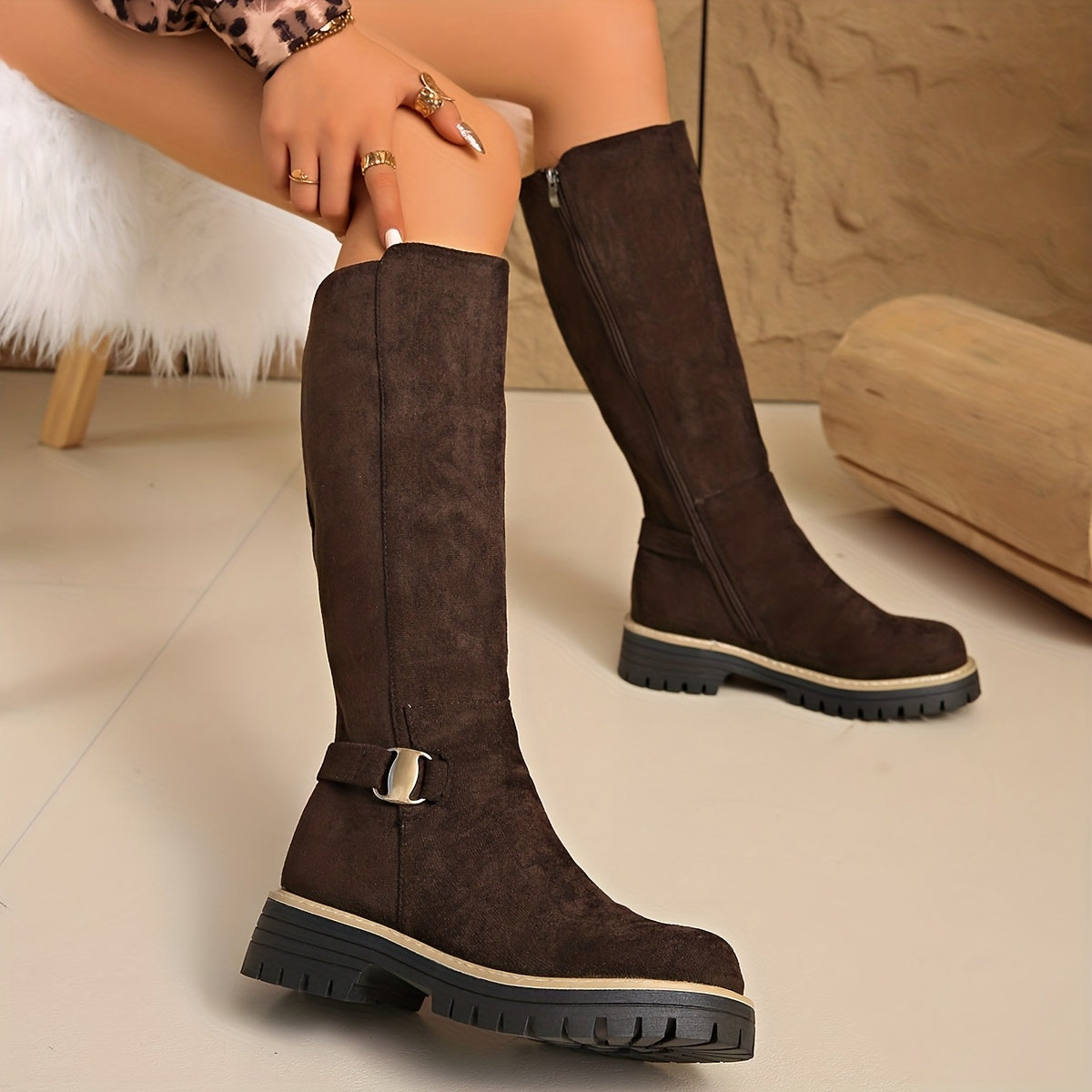 Margo & Main – brown lug sole knee high boot pair angled on a model, US women’s sizes