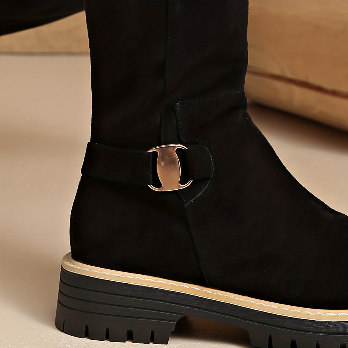 Margo & Main – black lug sole knee high boot metal buckle and sole detail, US women’s sizes