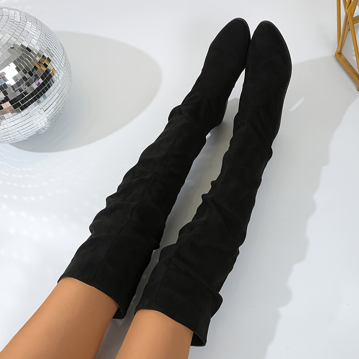 Margo & Main – black slouchy suede over-the-knee boots seen from the side, US women’s sizes