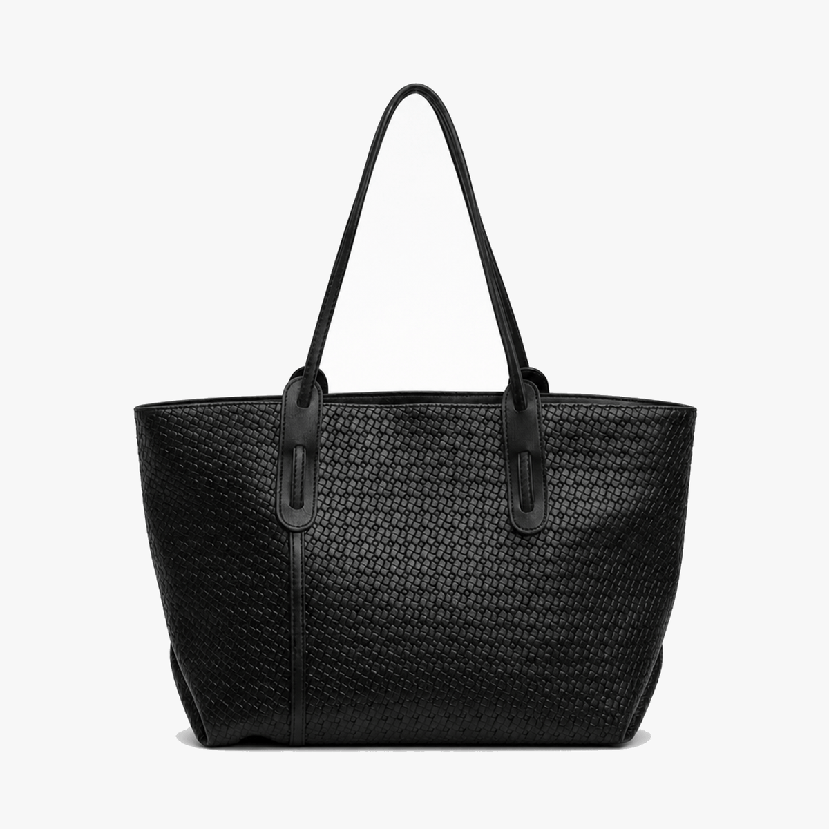 Margo & Main – Tessara black woven shoulder tote, studio view on a light background