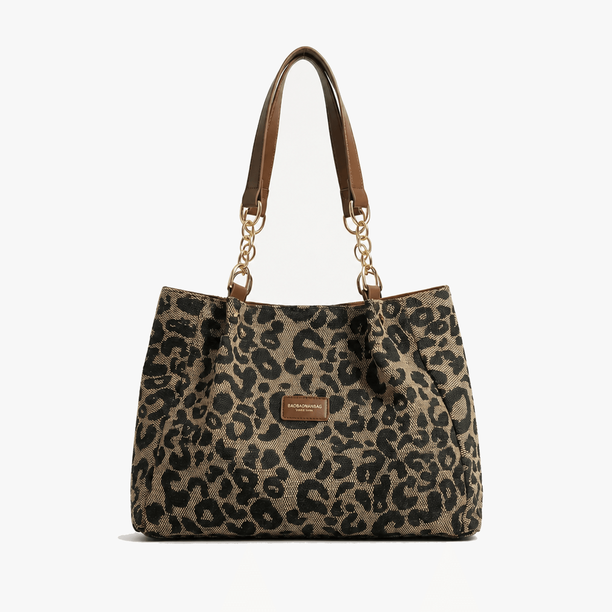 Margo & Main – Lynxe brown leopard shoulder bag, studio product view on a light background